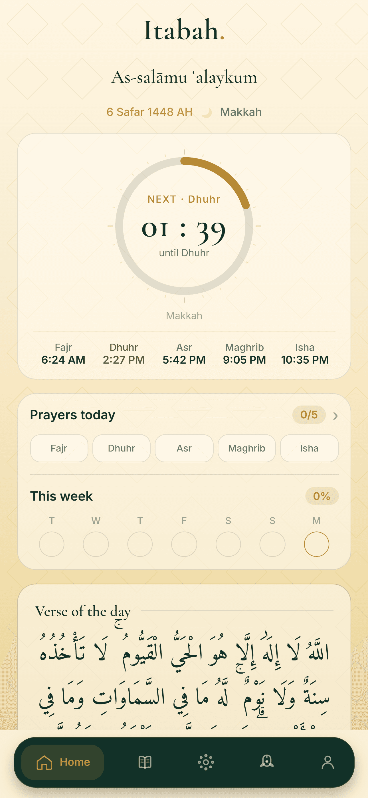Itabah home screen in the Sanctuary theme